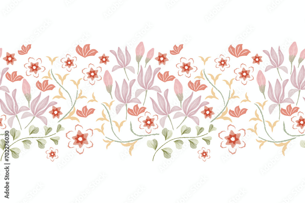 Floral vintage pattern seamless paisley embroidery with pink lily flower motifs. Ethnic traditional ikat style vector illustration design hand drawn .