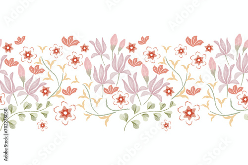 Floral ditsy pattern seamless paisley embroidery with pink lily flower motifs. Ethnic pattern oriental traditional ikat style. Ikat pattern seamless vector illustration design .