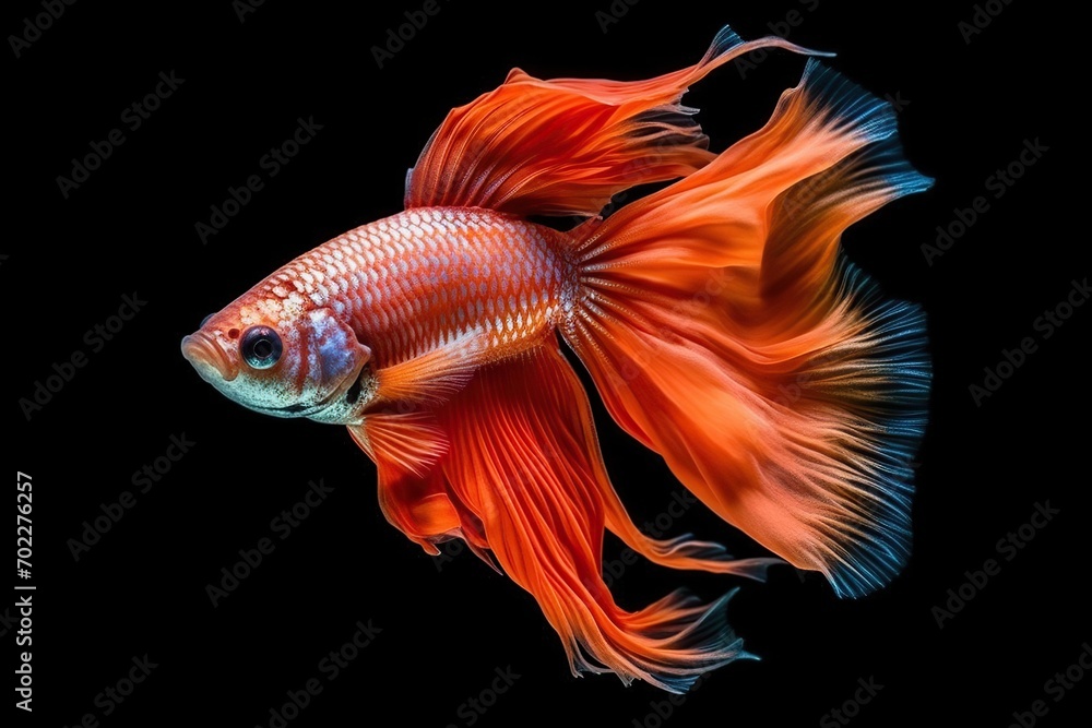Beautiful movement of red betta fish, The moving moment beautiful of Siamese Fighting fish, Rhythmic of Betta fish isolated on black background. ai generative