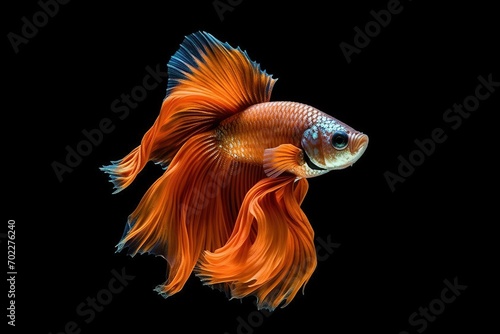 Beautiful movement of red betta fish, The moving moment beautiful of Siamese Fighting fish, Rhythmic of Betta fish isolated on black background. ai generative © Vilaysack