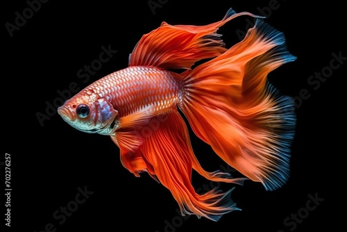 Beautiful movement of red betta fish, The moving moment beautiful of Siamese Fighting fish, Rhythmic of Betta fish isolated on black background. ai generative