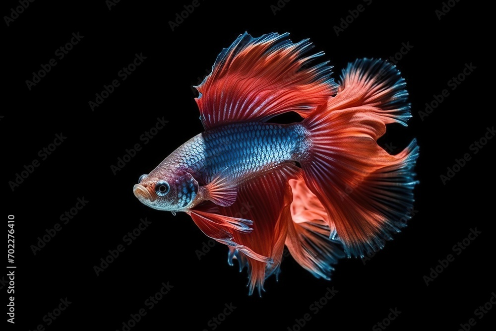 Beautiful movement of red betta fish, The moving moment beautiful of Siamese Fighting fish, Rhythmic of Betta fish isolated on black background. ai generative Beautiful movement of red betta fish, The moving moment beautiful of Siamese Fighting fish, Rhythmic of Betta fish isolated on black background. ai generative