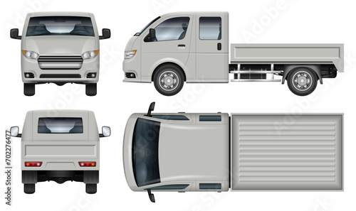 Small truck vector mockup on white background for vehicle branding, corporate identity. View from side, front, back, top. All elements in the groups on separate layers for easy editing and recolor