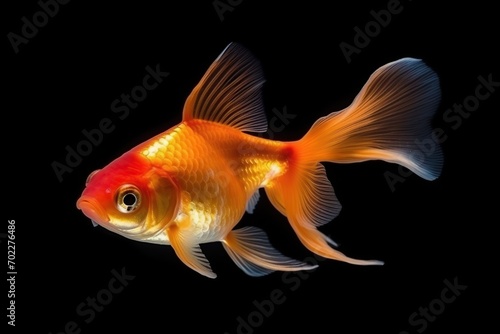 Goldfish in fresh water aquarium, swim in the dark background. ai generative
