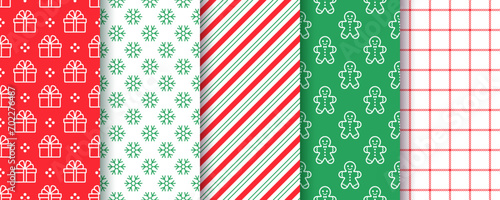 Christmas backgrounds. Seamless pattern. Set packing paper with candy cane stripes, snowflake, gingerbread man and present. Collection festive textures. Red green textile prints. Vector illustration