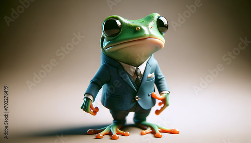 A frog in a humorous pose wearing a tiny business suit, depicted in a whimsical, animated art style.