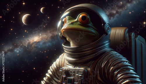 A humorous depiction of a frog in a space suit, floating in space, depicted in a whimsical, animated art style.
