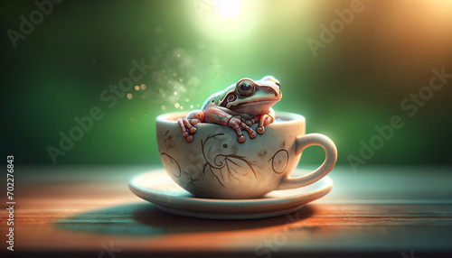 A tiny frog sitting in a tea cup, suitable for a cute or humorous concept, depicted in a whimsical, animated art style.