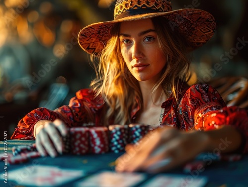 Elegance at the table: a beautiful woman playing texas hold'em poker, style and confidence in the thrilling world of cards, chips, strategic gameplay, glamour meets the art of chance.