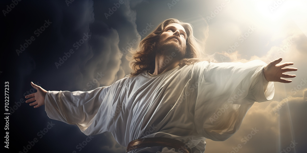 Illustration of Jesus Christ our Lord and Saviour bathing in the light of heaven above with arms stretched - obrazy, fototapety, plakaty 