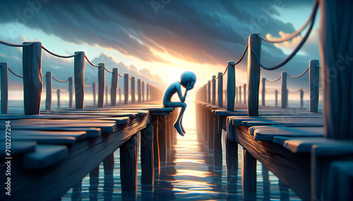 A whimsical animated art style depiction of a figure sitting at the end of a pier, head in hands.