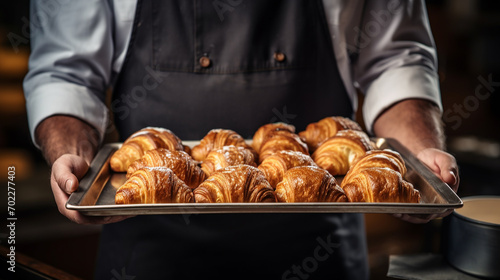 chef holding freshly baked croissants. delicious pastries photo