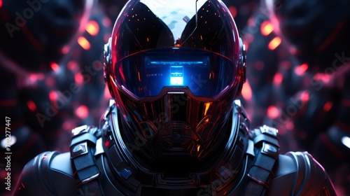 Portrait of spaceman with neon lights, minimalistic, copy space vaporwave, made of shiny rubber, virtual reality, Grey blue background, future AI abstract, dark gray and crimson, translucent planes © VERTEX SPACE