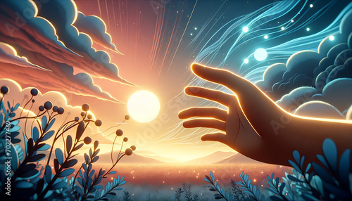 A whimsical animated art style depiction of a hand reaching out towards a fading sunset.