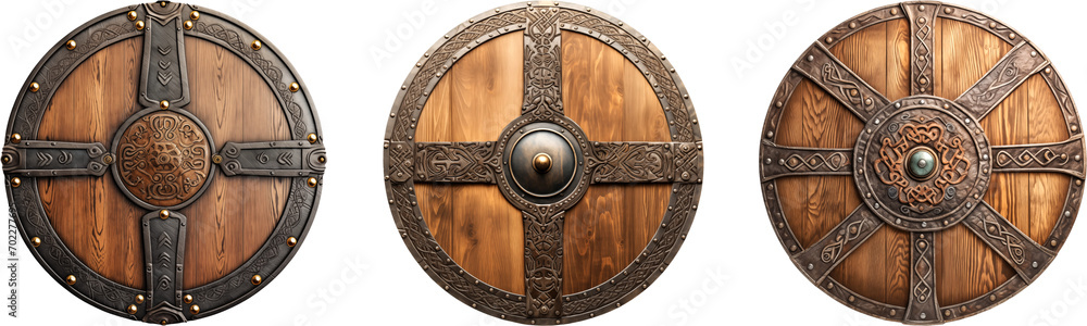Ornate Norse Viking Shield with Wood and Detailed Metalwork isolated on transparent background Ornate Norse Viking Shield with Wood and Detailed Metalwork isolated on transparent background