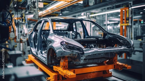 Robotic arm welding the car in a futuristic assembly automotive manufacturing plant.EV Production Line on Advanced Automated Smart Factory. High Performance Electric Car Manufacturing © VERTEX SPACE