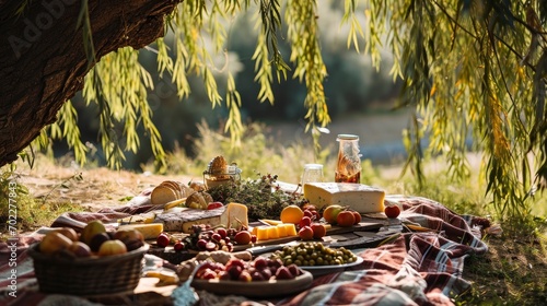 a countryside picnic, where a rustic blanket is spread under the shade of a willow tree, adorned with a delectable spread of artisanal cheeses and fresh fruits