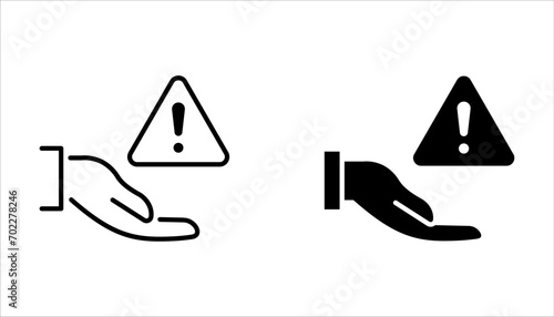 vector icon set of disclaimer symbol, hand with exclamation mark on white background