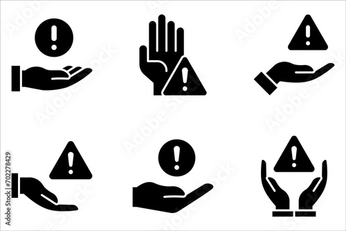 vector icon set of disclaimer symbol, hand with exclamation mark on white background
