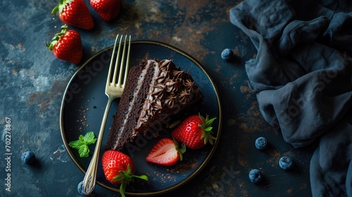 Chocolate cake with fresh strawberries and mint on a dark background. photo