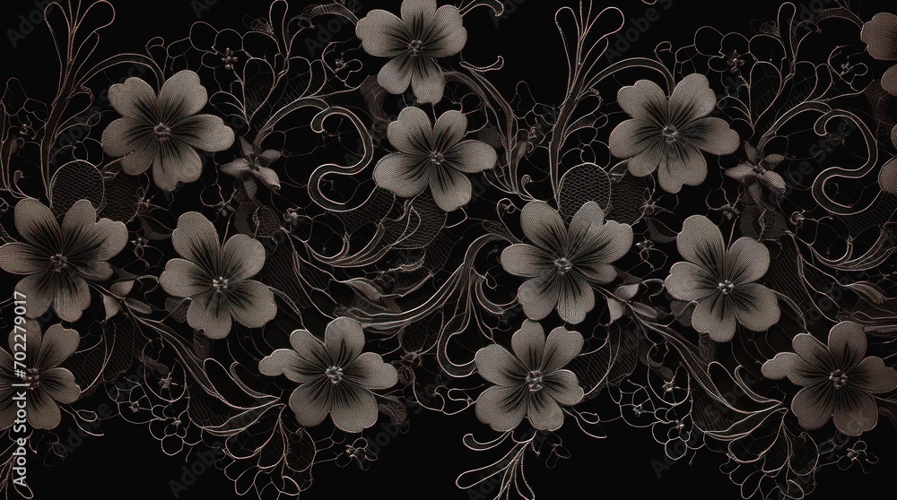 Black floral lace texture. - obrazy, fototapety, plakaty 