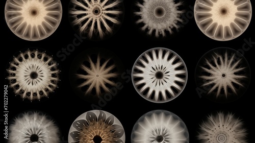 Abstract cymatic formations on black background. Experimental cymatics biomorphic shapes. 
