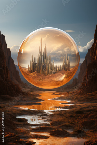 dreamy landscape with a futuristic city in a glass sphere