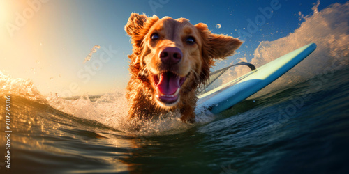 Happy dog surfing, concept of summer activities at sea, vacation photo