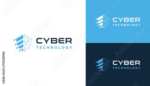 Protection Shield with Digital Wire Line Dots For Cyber Security Technology Logo Design.