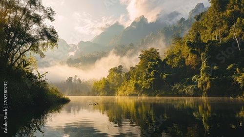 a secluded mountain lake at sunrise, surrounded by misty peaks and lush forests.