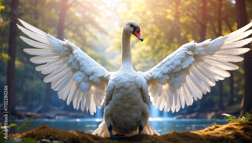 A beautiful white swan with spread wings in the water