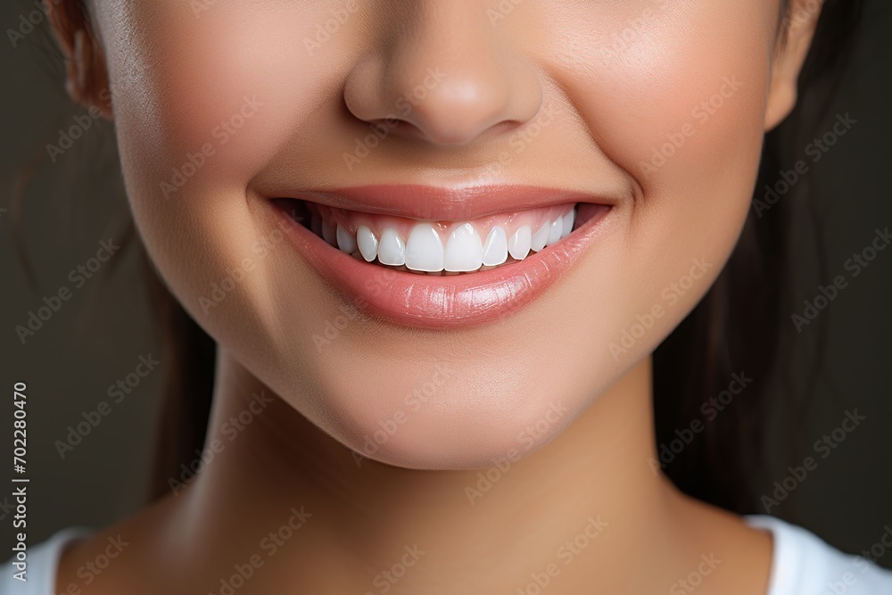 Fototapeta premium Young woman's perfect healthy tooth smile, Dentist, healthcare and veneers with a female indoor to show a happy smile at a mouth specialist. ai generative