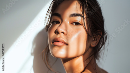 beauty sunlight portrait with serene glow and shadows photo