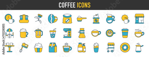 Coffee icons. Beans, hot cocktail and coffee maker machine. Espresso cup, cappuccino with whipped cream icon. Latte vending machine, breakfast drink and roasted beans. Vector icons collection.