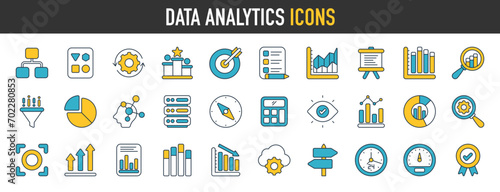Data analytics icon set. Such as database, statistics, profit graph, analytics, server, optimization, monitoring, computing and network icons. Solid icons vector collection
