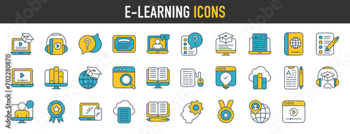 E-learning icon set. Such as video tuition, online education, course, audio course, educational website and digital education icons. Solid vector icon collection