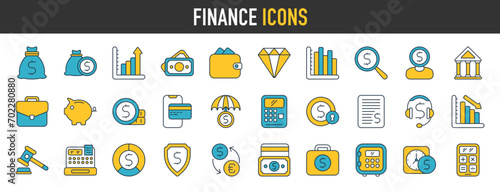 Finance icon set. Containing loan, cash, saving, financial goal, profit, budget, briefcase, wallet, bank, calculator, earning money and revenue icons. Solid vector icons illustration.
