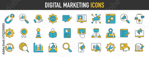 Digital marketing icon set. Containing seo, content, website, social media, ecommerce, electronic devices, internet, analysis, sales and online advertising. vector icons collection.