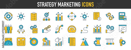 Strategy Marketing Icons Set. Content Strategies, Ecommerce, Branding, Seo, Electronic Devices, Reports, Analysis, Social and more Vector icon Collection