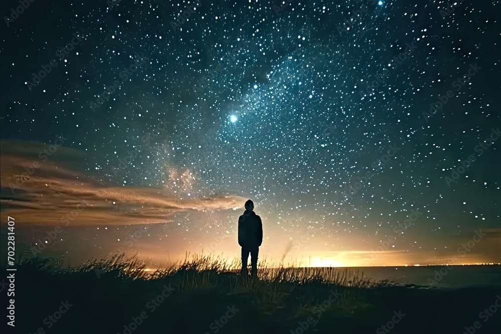 Starry night adventure. Silhouette of man in cosmic landscape. Embracing cosmos. Lone traveler amidst milky way. Hiking to infinity standing on mountain under sky - obrazy, fototapety, plakaty 