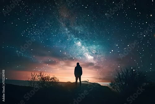 Starry night adventure. Silhouette of man in cosmic landscape. Embracing cosmos. Lone traveler amidst milky way. Hiking to infinity standing on mountain under sky photo