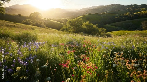a sunlit meadow covered in a blanket of wildflowers, surrounded by rolling hills and distant mountains.