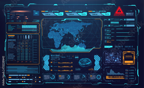 Advanced Global Surveillance Interface with Data Analytics and World Map Monitoring. HUD UI GUI data screen, digital dashboard interface and virtual infographics in futuristic style.