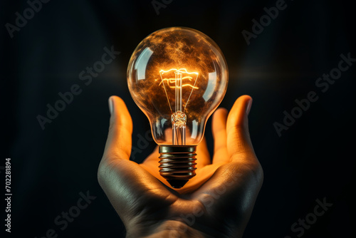 Incandescent light bulb in a hand on black background