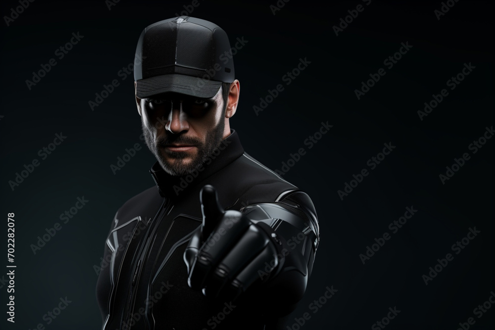 Industrial man pointing up in uniform and looking hesitant. front view 3d black realistic abstract background Industrial man pointing up in uniform and looking hesitant. front view 3d black realistic abstract background