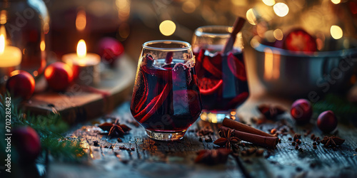 Close-up of two Mulled wine in a beautiful glass with a cinnamon stick. A traditional winter Christmas alcoholic cocktail, warming gluhwein.  photo