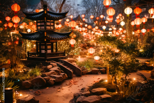 Traditional Chinese lanterns on the night China magic garden photo