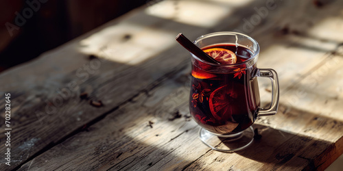Close-up of Mulled wine in a beautiful glass with a cinnamon stick on wooden table. A traditional winter Christmas alcoholic cocktail, warming gluhwein. 