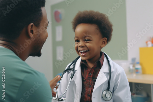 Laughing African American boy patient taking male doctor's stethoscope in hospital. Hospital, medical and healthcare services