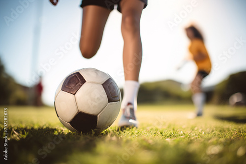Woman sport. Soccer ball being kicked by woman's legs on grass sports field